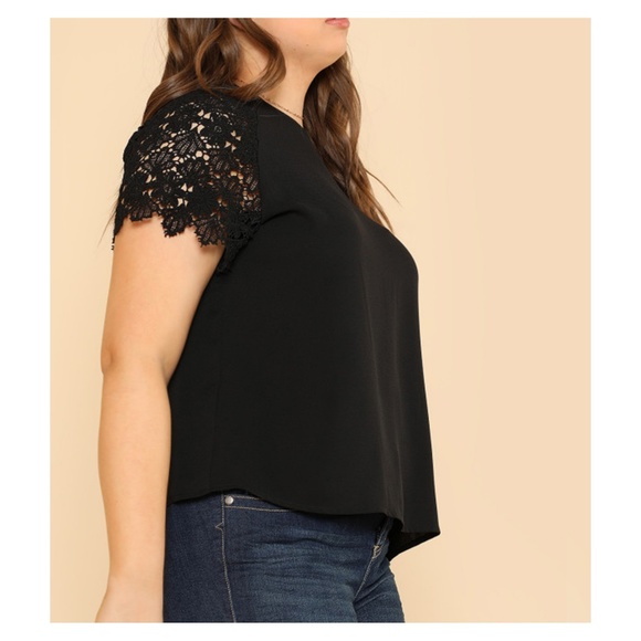 Black Lace Short Sleeve Solid Top - Picture 2 of 5